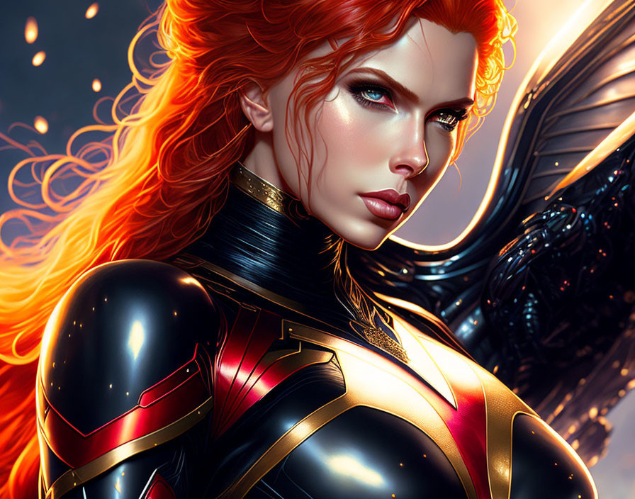 Digital artwork: Woman with fiery red hair, blue eyes, black & gold armor, winged background