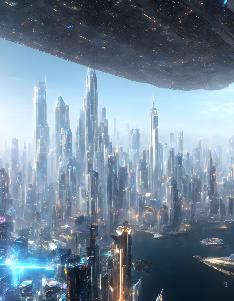 Futuristic cityscape with skyscrapers, flying vehicles, and hovering structure