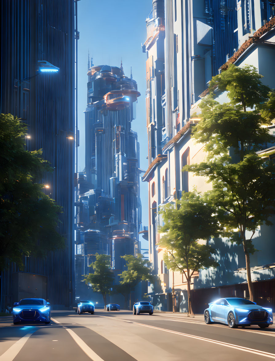 Futuristic city street with sleek cars and towering skyscrapers