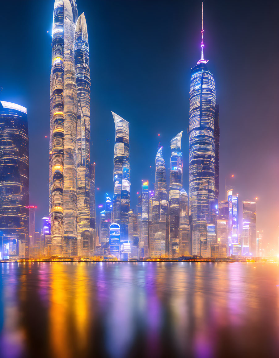 Illuminated nighttime cityscape with foggy skyline.