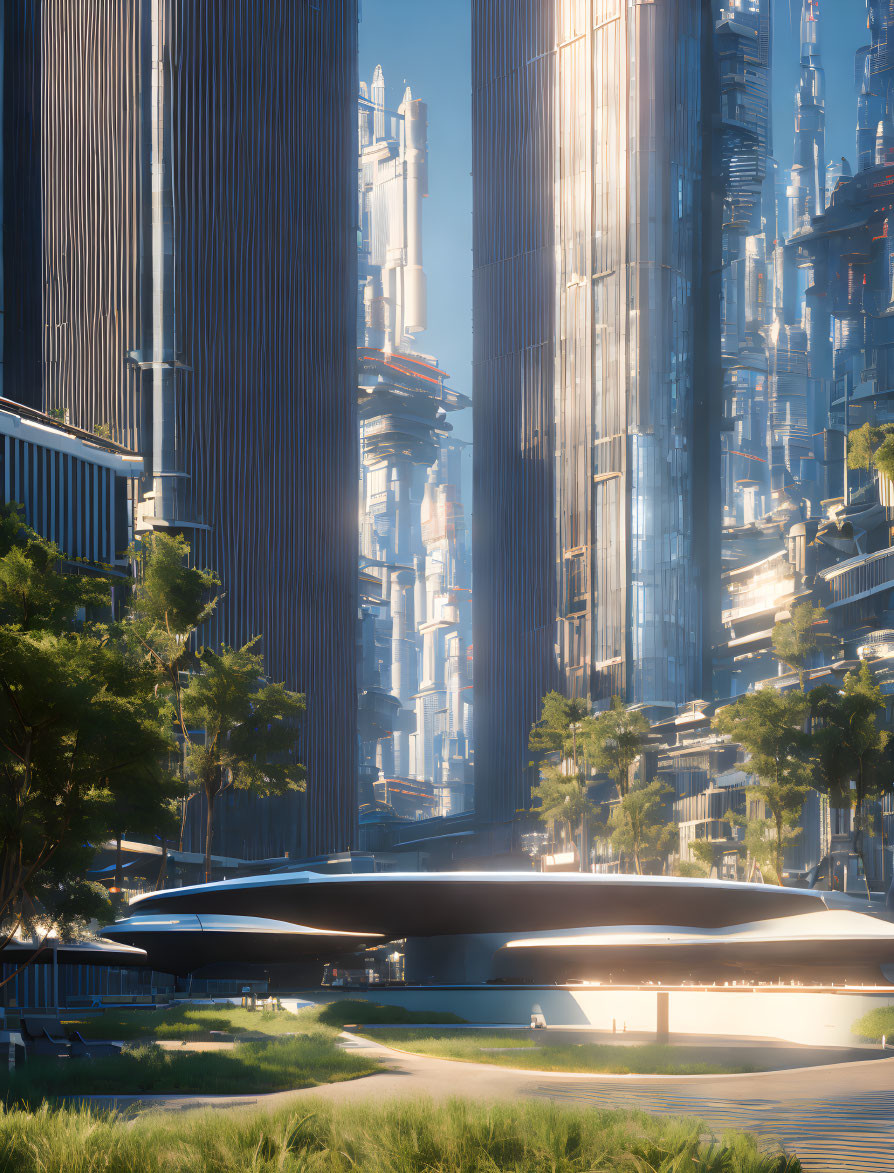 Futuristic cityscape with skyscrapers, modern vehicle, and lush foliage