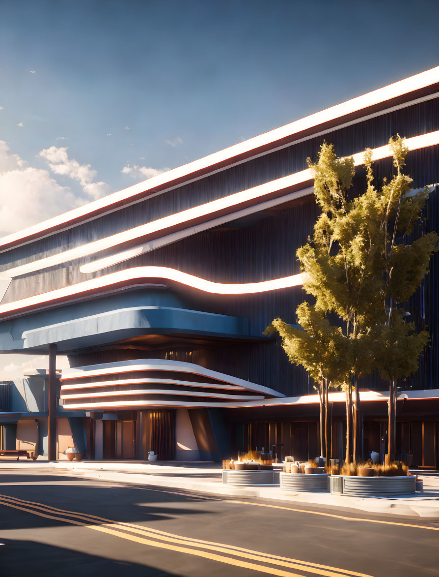 Modern building with curved design, illuminated by lights, surrounded by trees under twilight sky