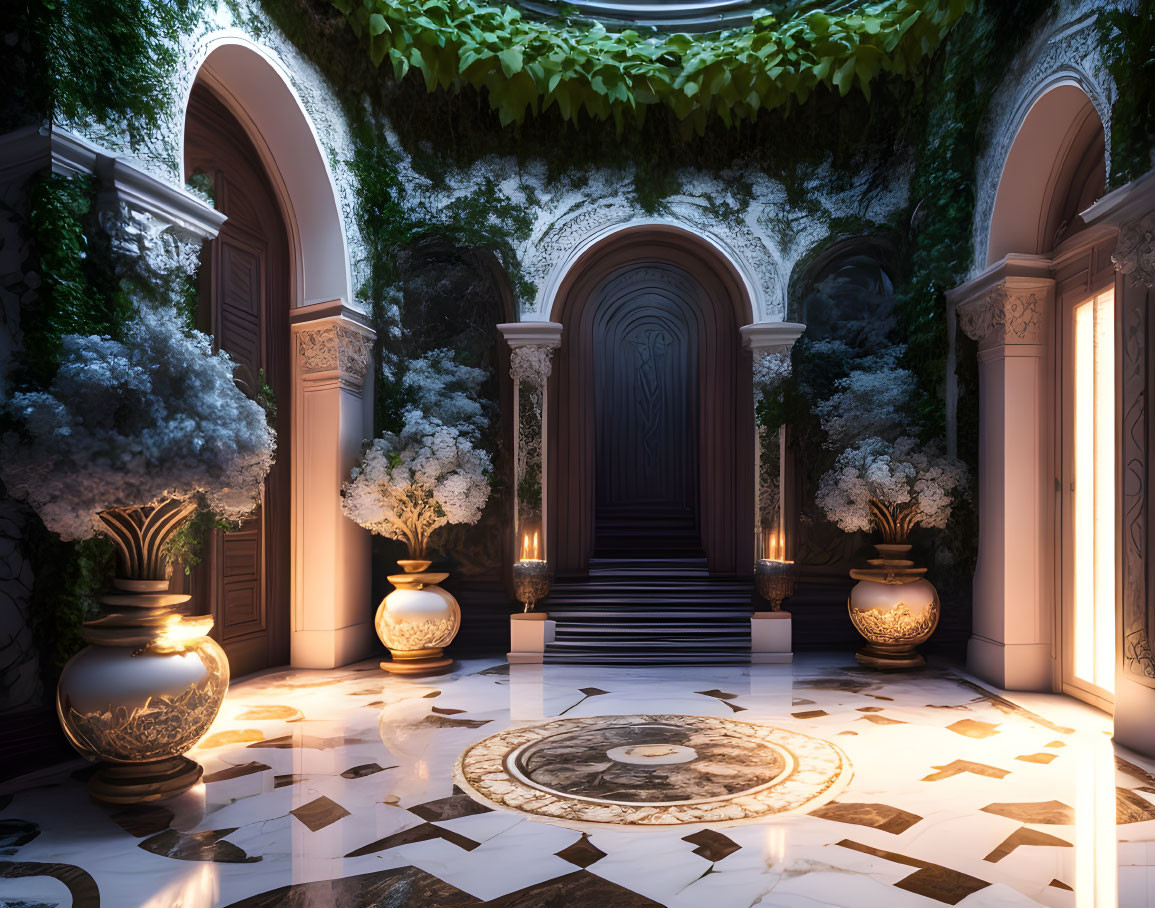 Luxurious Classical Hallway with Ivy, Ornate Vases, and White Flowers