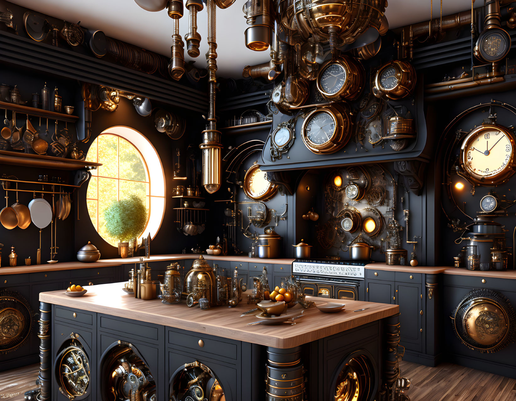 Detailed Steampunk-Style Kitchen with Brass Gadgets and Vintage Clocks