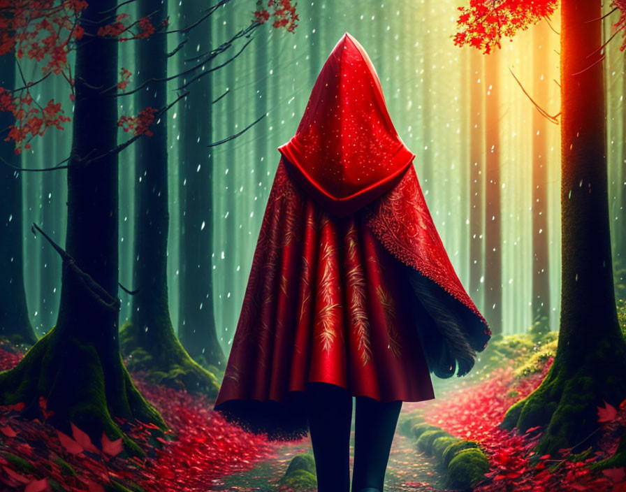 Person in Red Cloak Standing in Mystical Forest with Sunlight and Falling Leaves