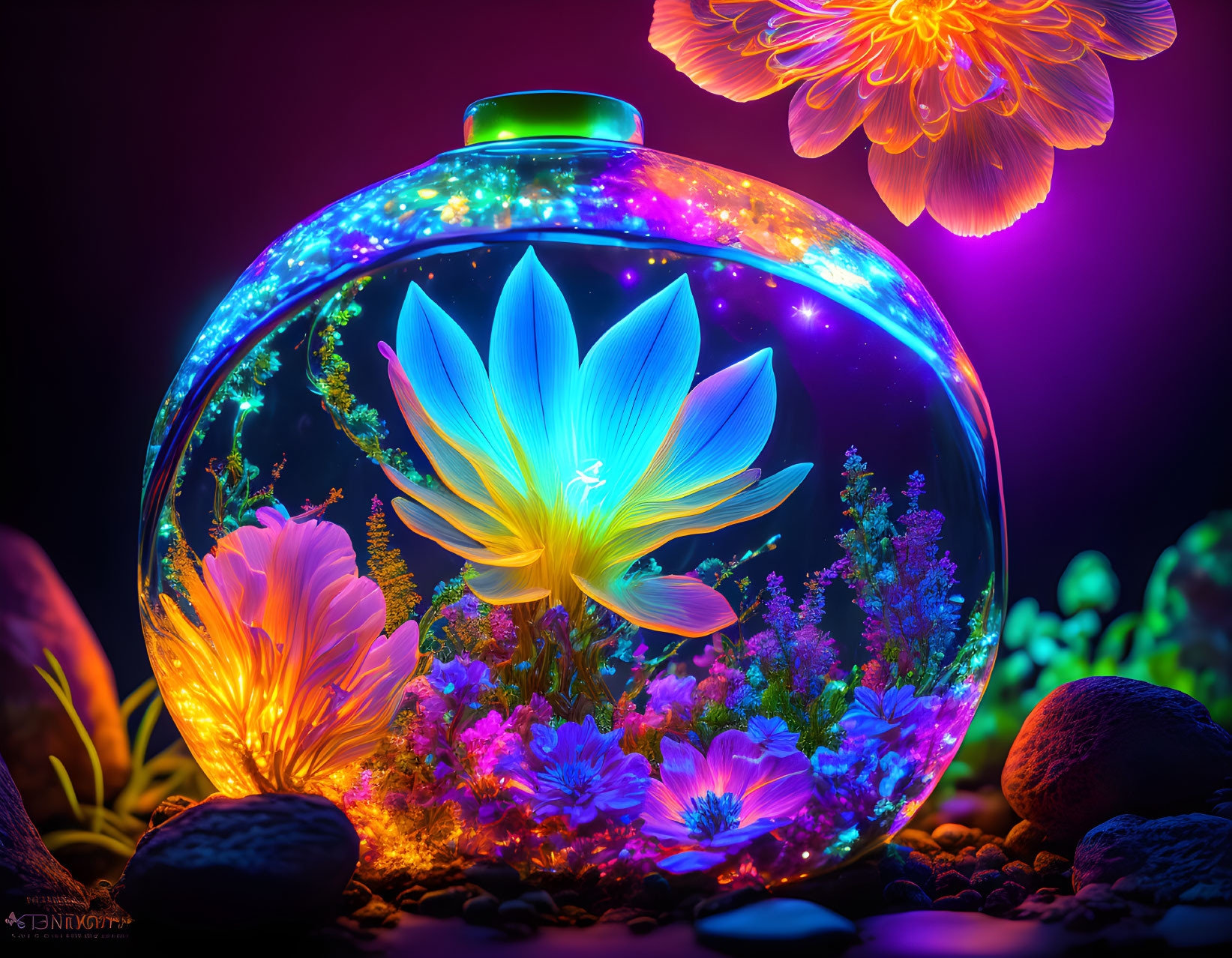 Digital Artwork: Glowing Fishbowl with Ethereal Aquatic Scene