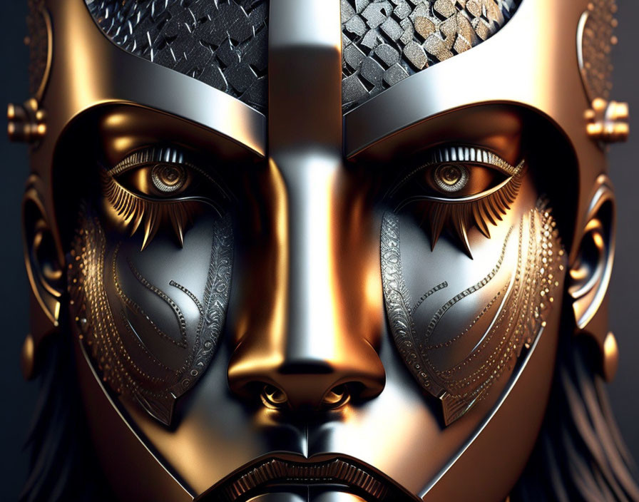 Detailed metallic mask with intricate designs and golden sheen