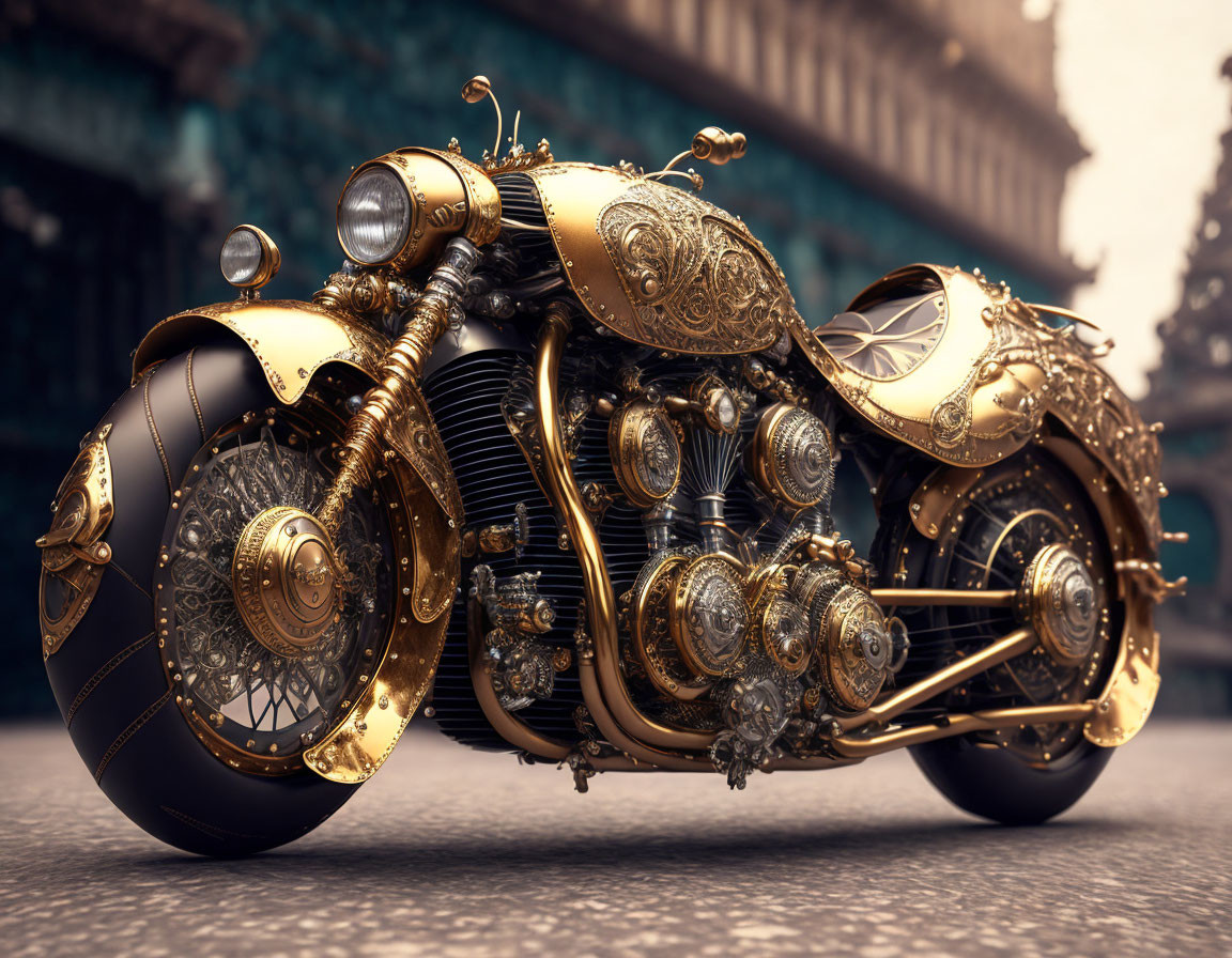 Steampunk Motorcycle with Gold Detailing on Cobbled Street