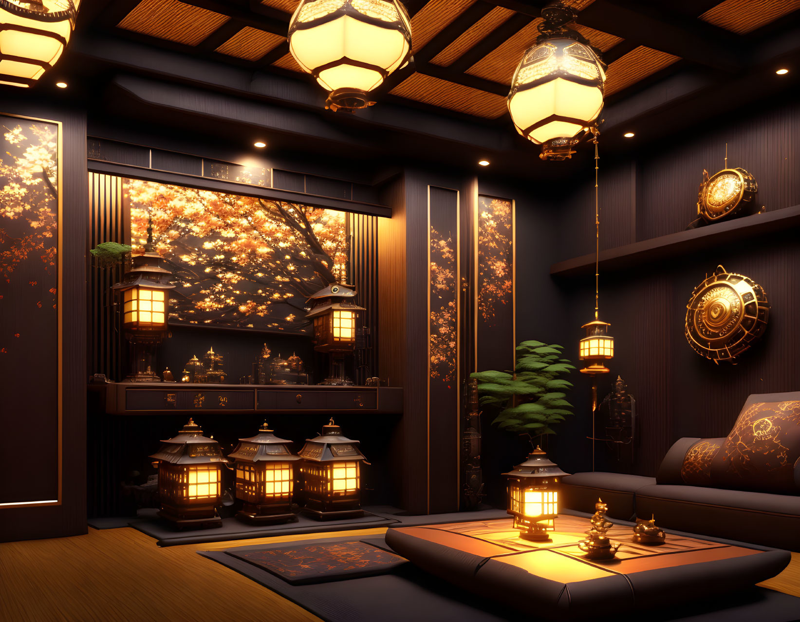 Traditional Japanese Room at Night with Lanterns and Cherry Blossoms