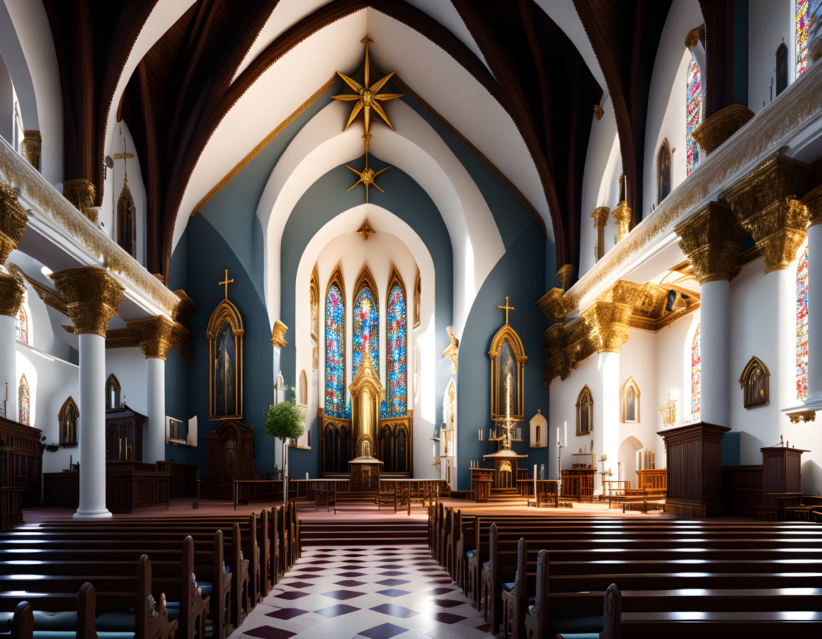 Spacious church interior with wooden pews, Gothic arches, and stained glass windows