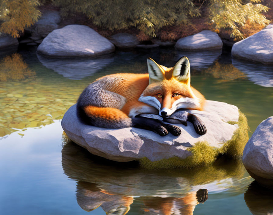 Fox resting on rock surrounded by water under warm sunlight