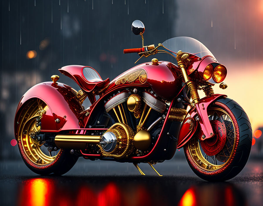 Custom red and gold motorcycle parked on wet street with rain reflections