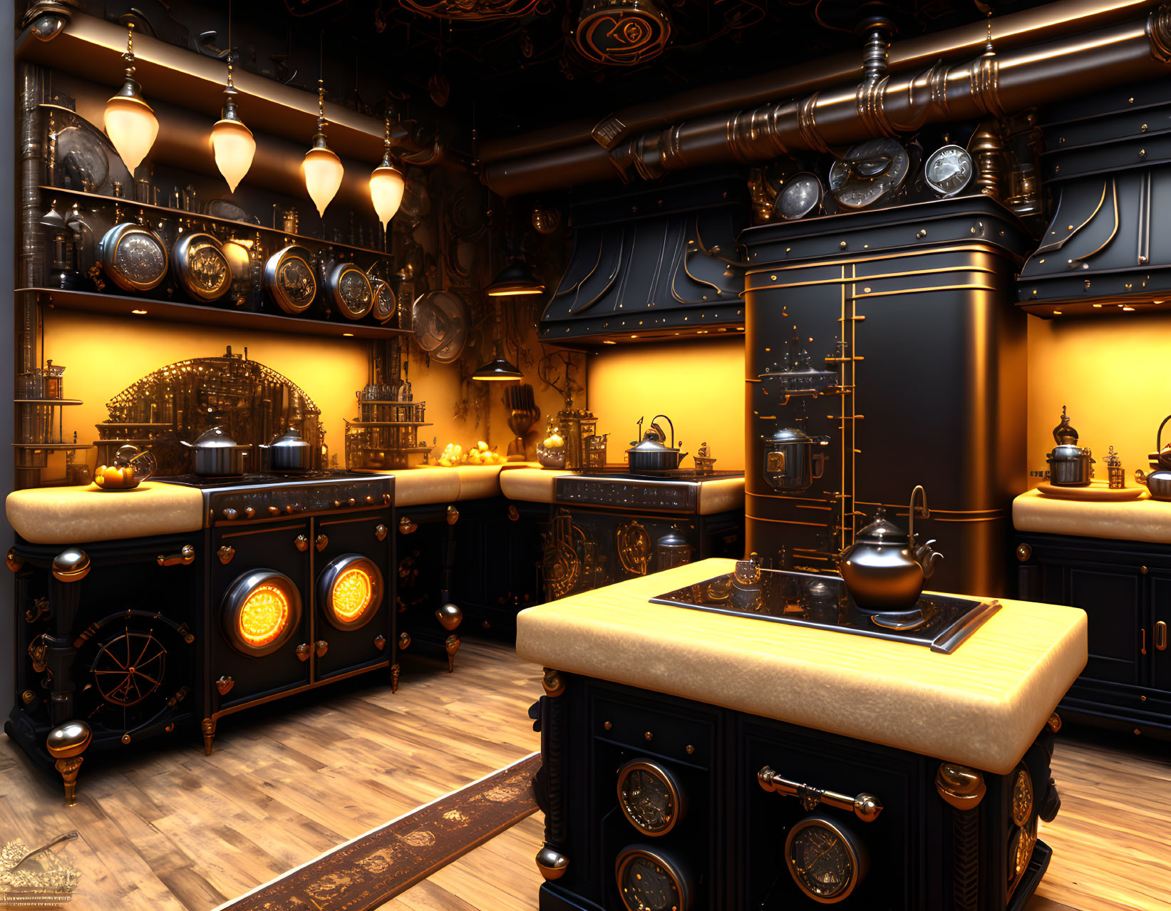 Steampunk-themed kitchen with brass fixtures and glowing lights