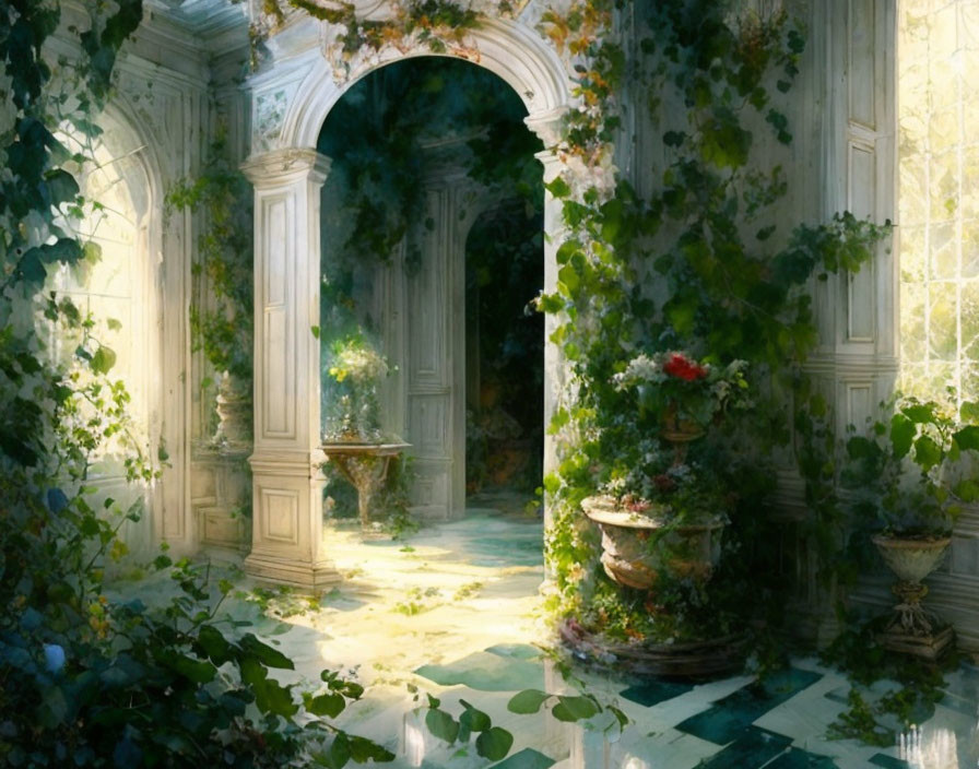 Sunlit Overgrown Room with Ivy, Stone Planters, and Archway