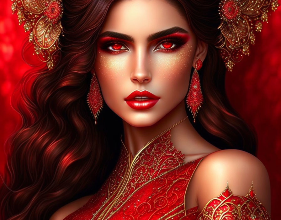 Illustration: Woman with red eyes, gold jewelry, wavy hair on red backdrop