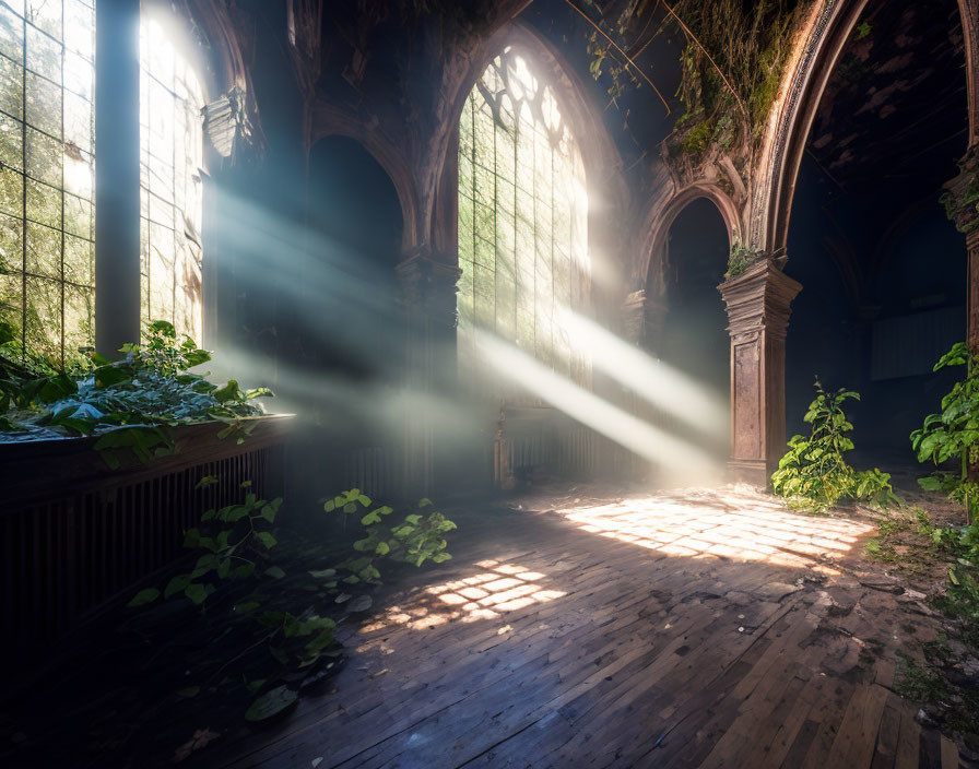 Abandoned church with sunbeams through stained-glass windows