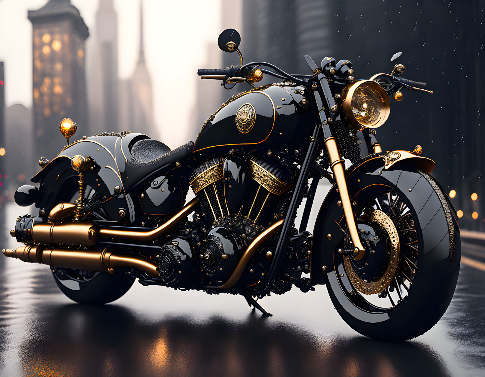 Black and gold motorcycle on wet street at dusk with city buildings and raindrops