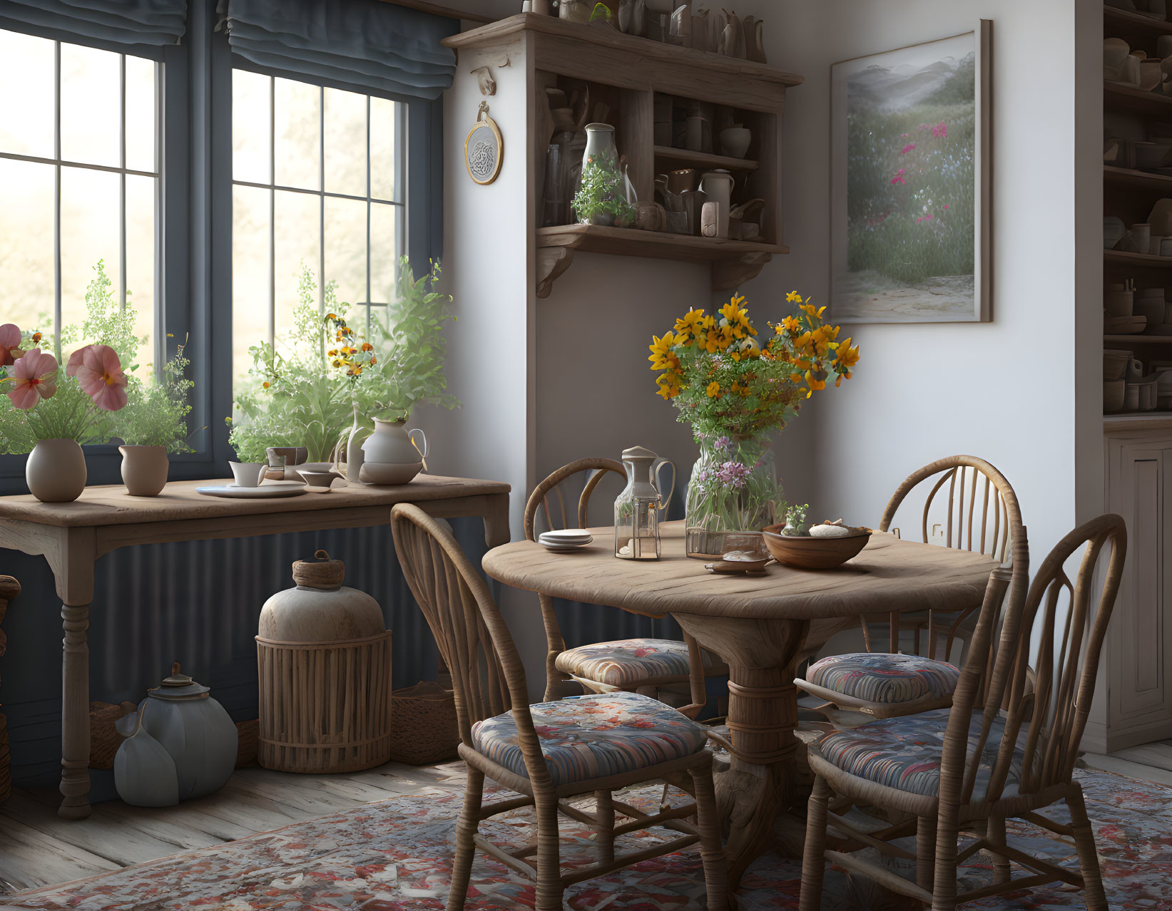 Rustic Kitchen Decor with Wooden Table, Wildflowers, Antique Crockery, and Painting