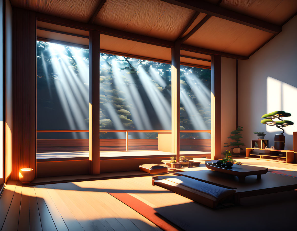 Japanese-style room with tatami mats, low table, bonsai trees, and shoji doors overlooking