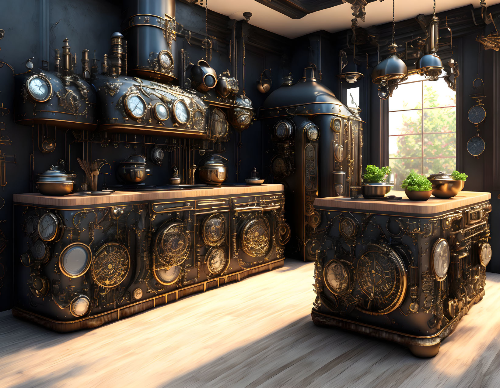 Steampunk-Inspired Kitchen with Metallic Cabinets & Gears