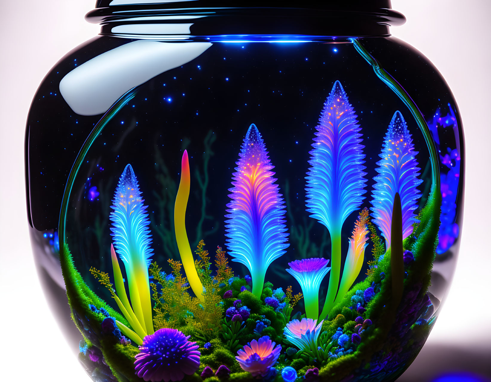 Colorful Neon Plant Life in Digital Fishbowl Under Cosmic Starfield