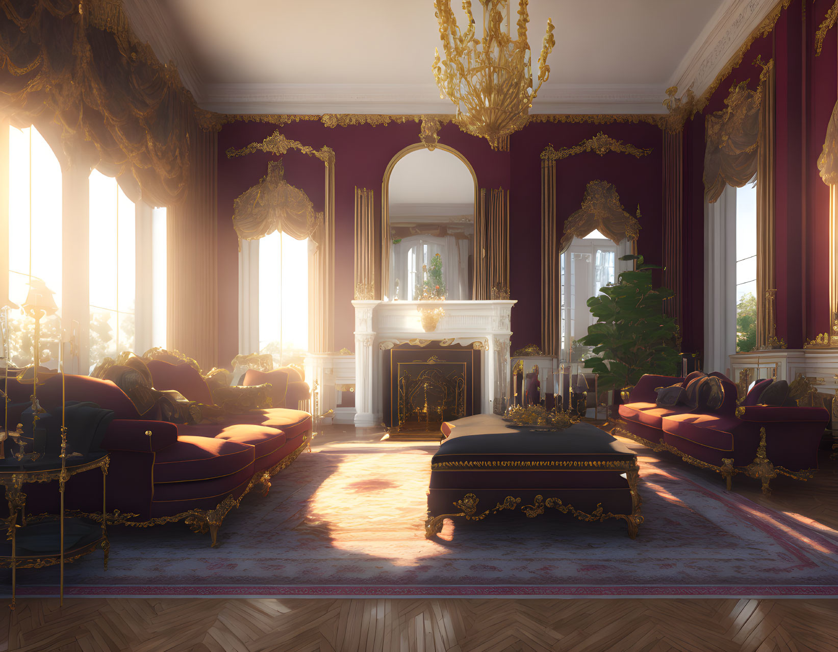 Luxurious Red and Gold Room with Purple Sofas and Ornate Fireplace