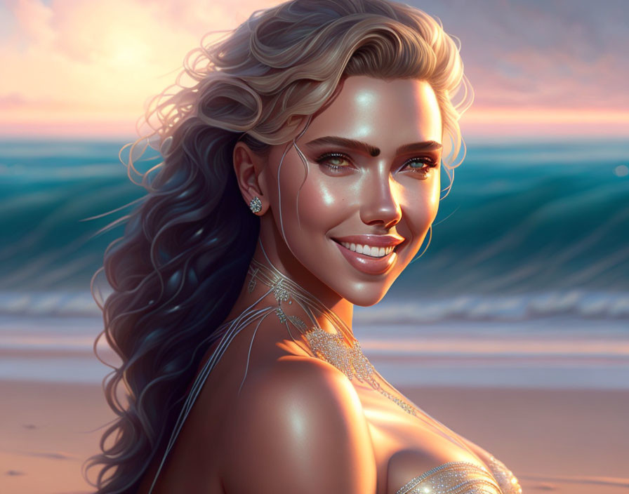 Curly-haired woman smiling on beach at sunset with waves and glimmering dress