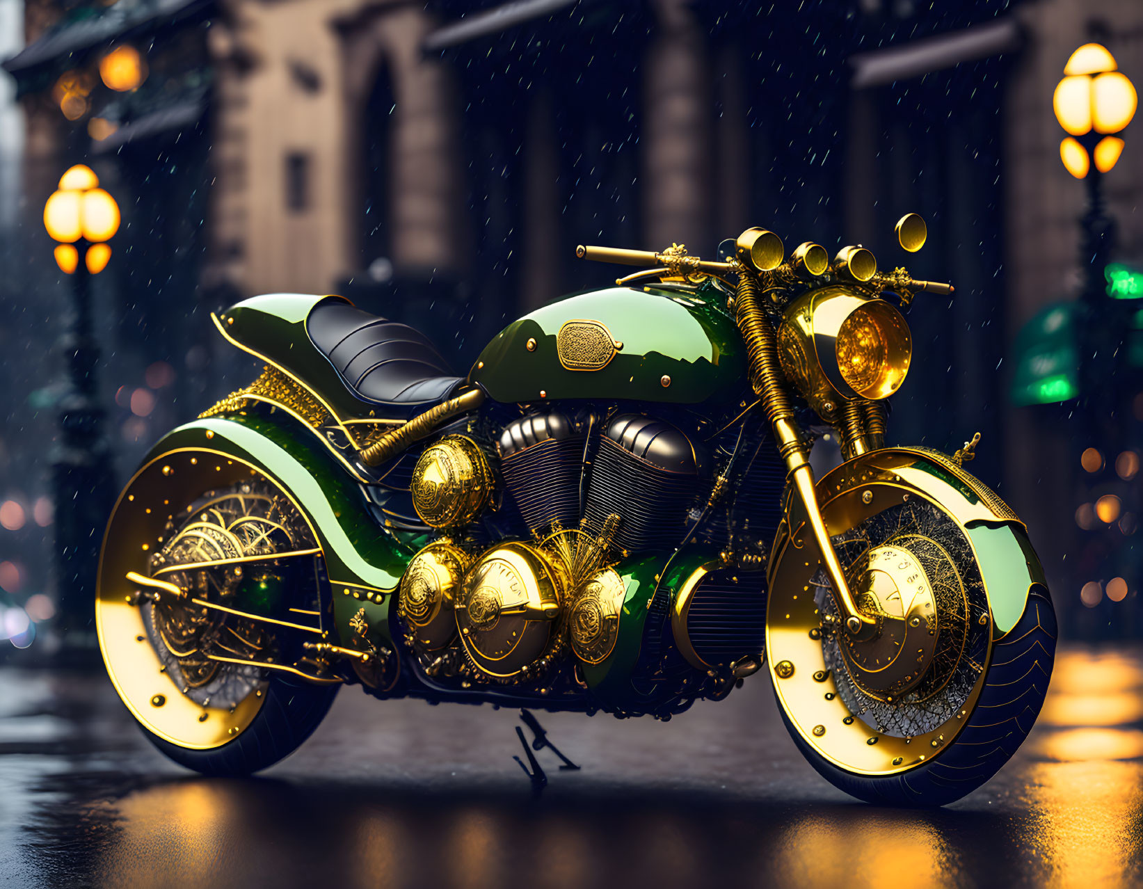 Vintage Motorcycle with Gold and Green Detailing on Wet City Street at Night