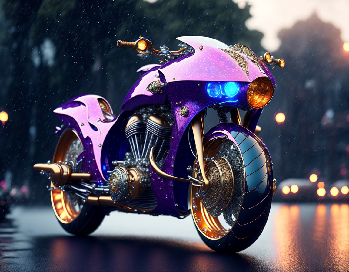 Futuristic purple motorcycle with neon accents on wet city street at dusk