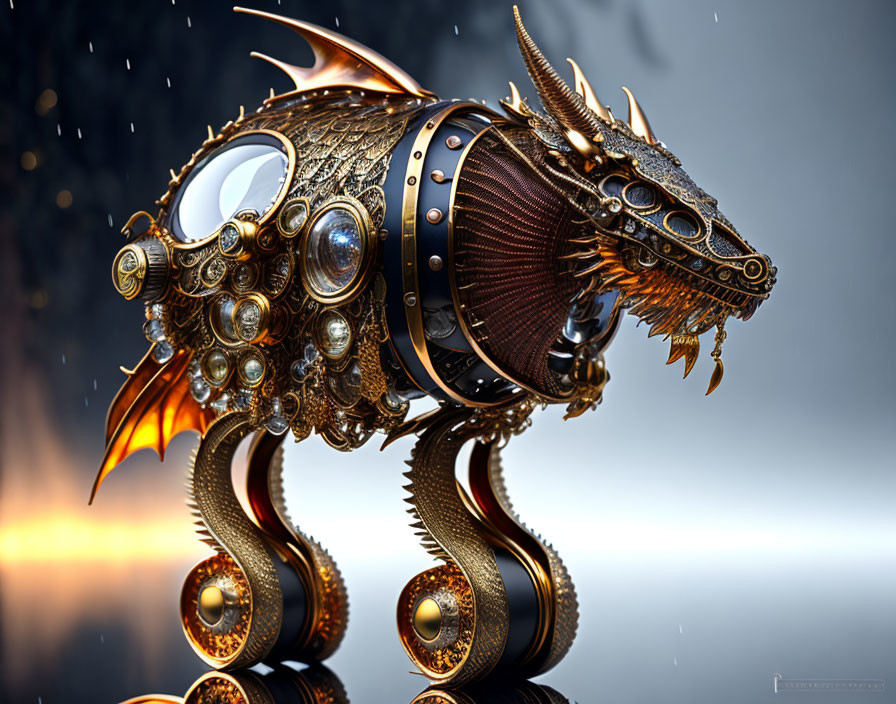 Mechanical Dragon Sculpture with Steampunk Elements in Misty Backdrop