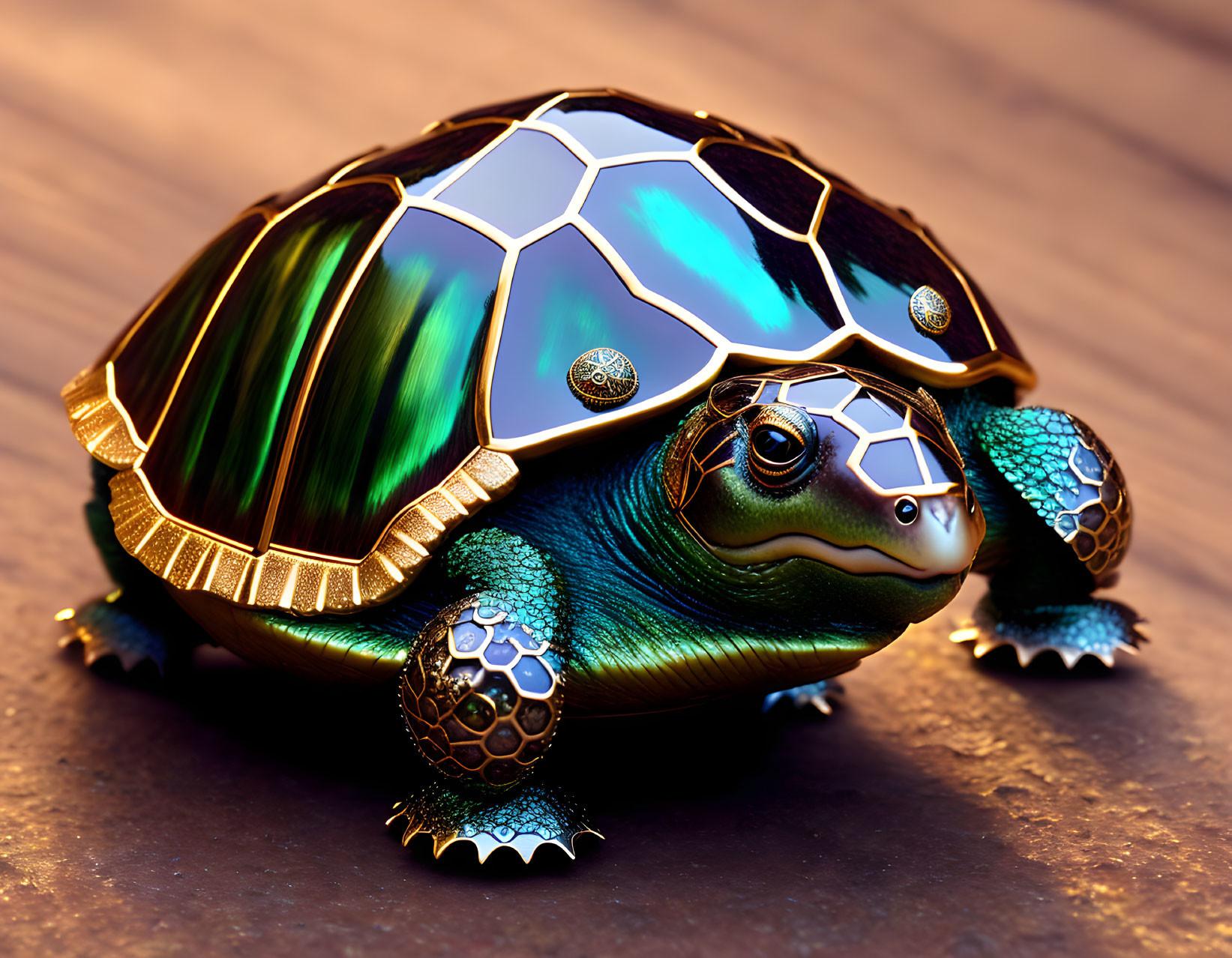 Colorful digital artwork: Turtle with geometric metallic shell on wooden backdrop