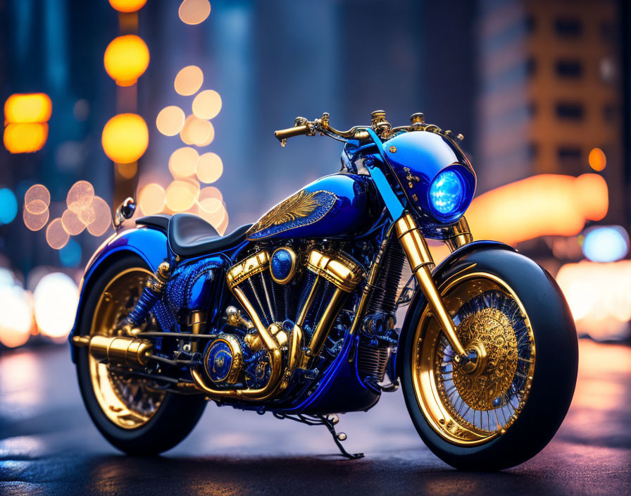 Custom Motorcycle with Gold and Blue Detailing in City Street Night Scene