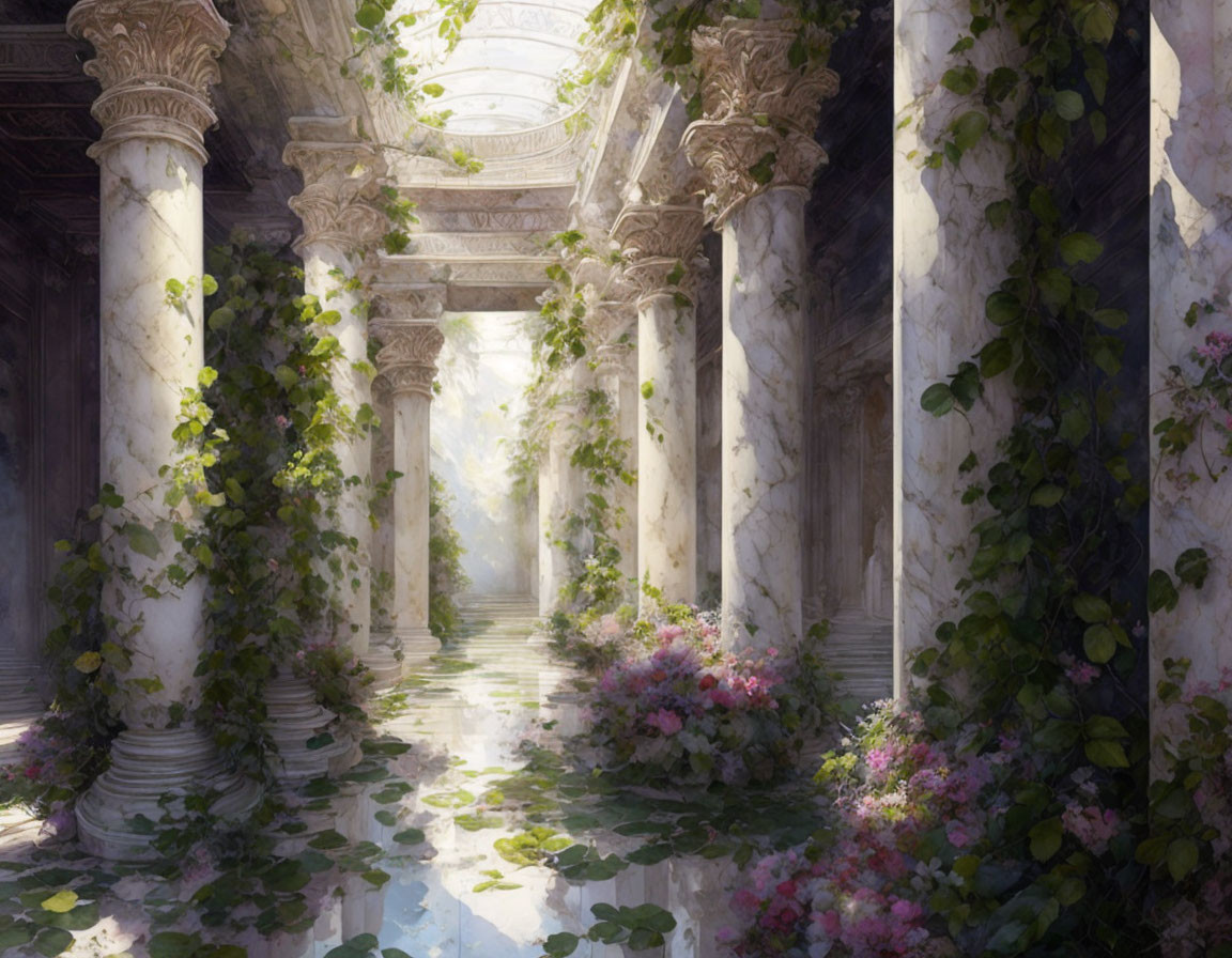 Ancient column-lined pathway with lush flowers and ivy under sunlight.