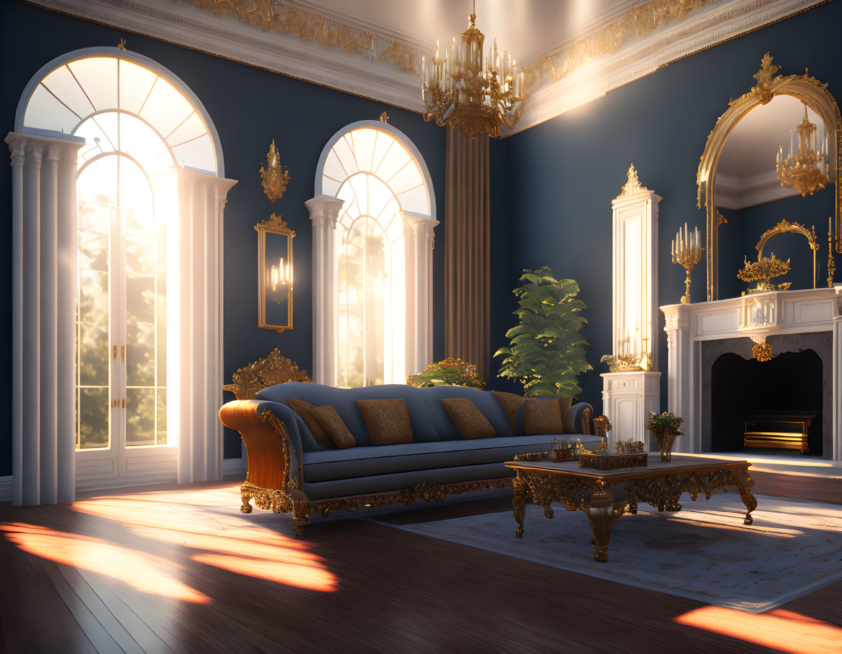 Sunlit classic living room with arched windows, ornate furniture, fireplace, chandeliers