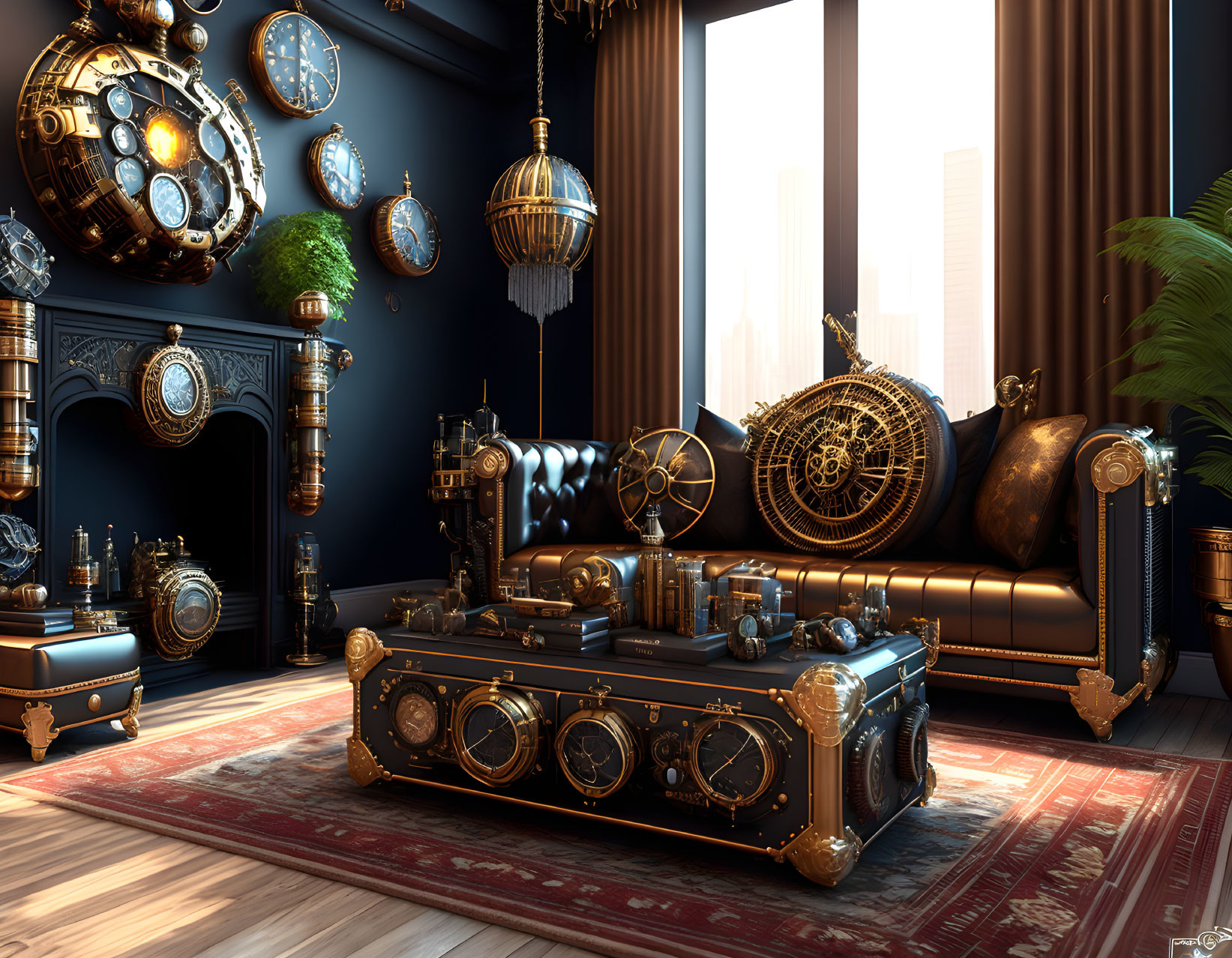 Luxurious Steampunk-Themed Room with Brass Gadgets, Leather Furniture, and Cogwheel