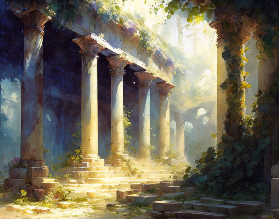 Ancient ruins with overgrown vegetation and towering columns in dappled light