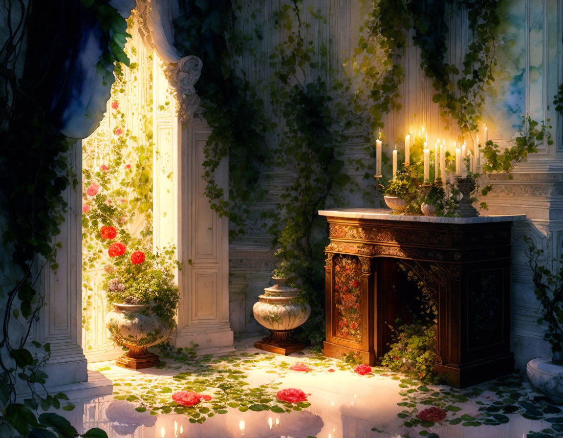 Indoor garden with candle-lit antique cabinet, climbing vines, roses, and scattered petals