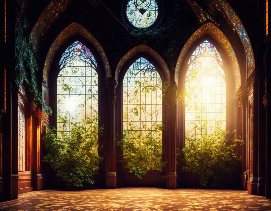 Gothic Style Hall with Stained Glass Windows and Greenery