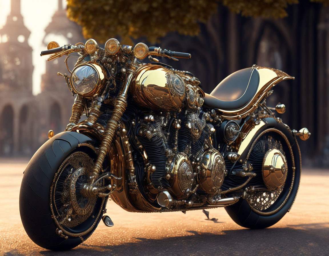 Detailed Custom Motorcycle with Ornate Metalwork, Parked Outdoors