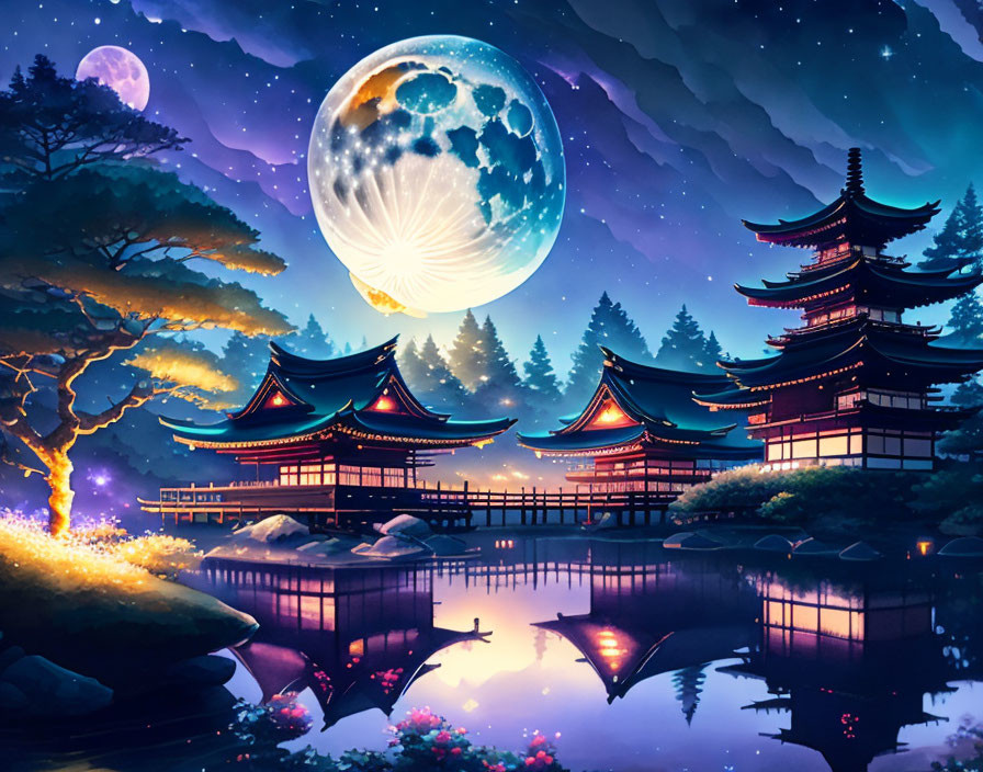 Traditional Japanese pagodas in serene night scene by moonlit lake