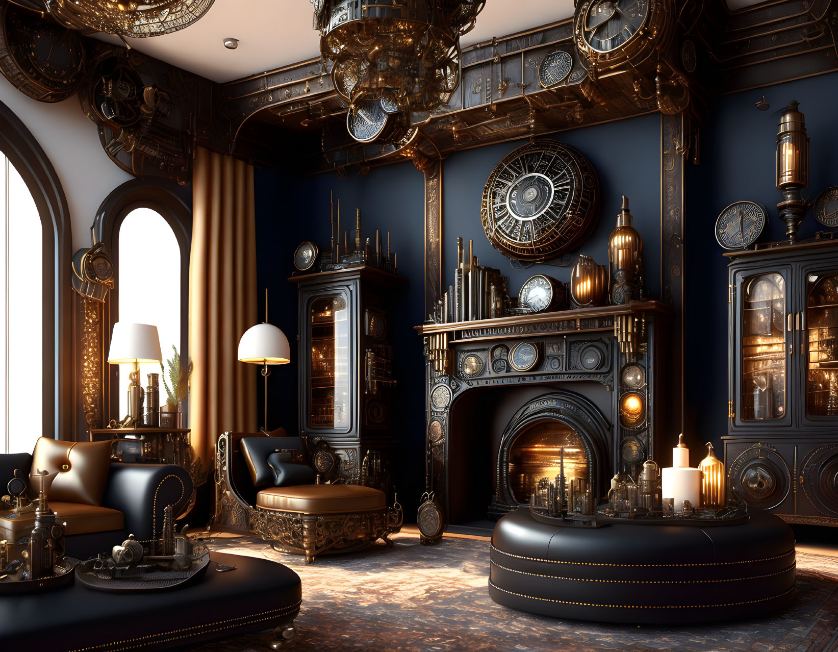 Luxurious Vintage Room with Grand Fireplace & Ornate Chandeliers