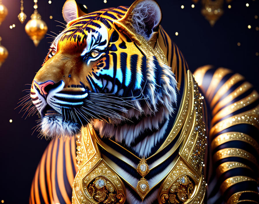 Ornately Decorated Tiger with Golden Embellishments on Dark Background