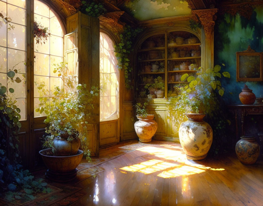 Cozy room with plants, pottery, and books in warm sunlight