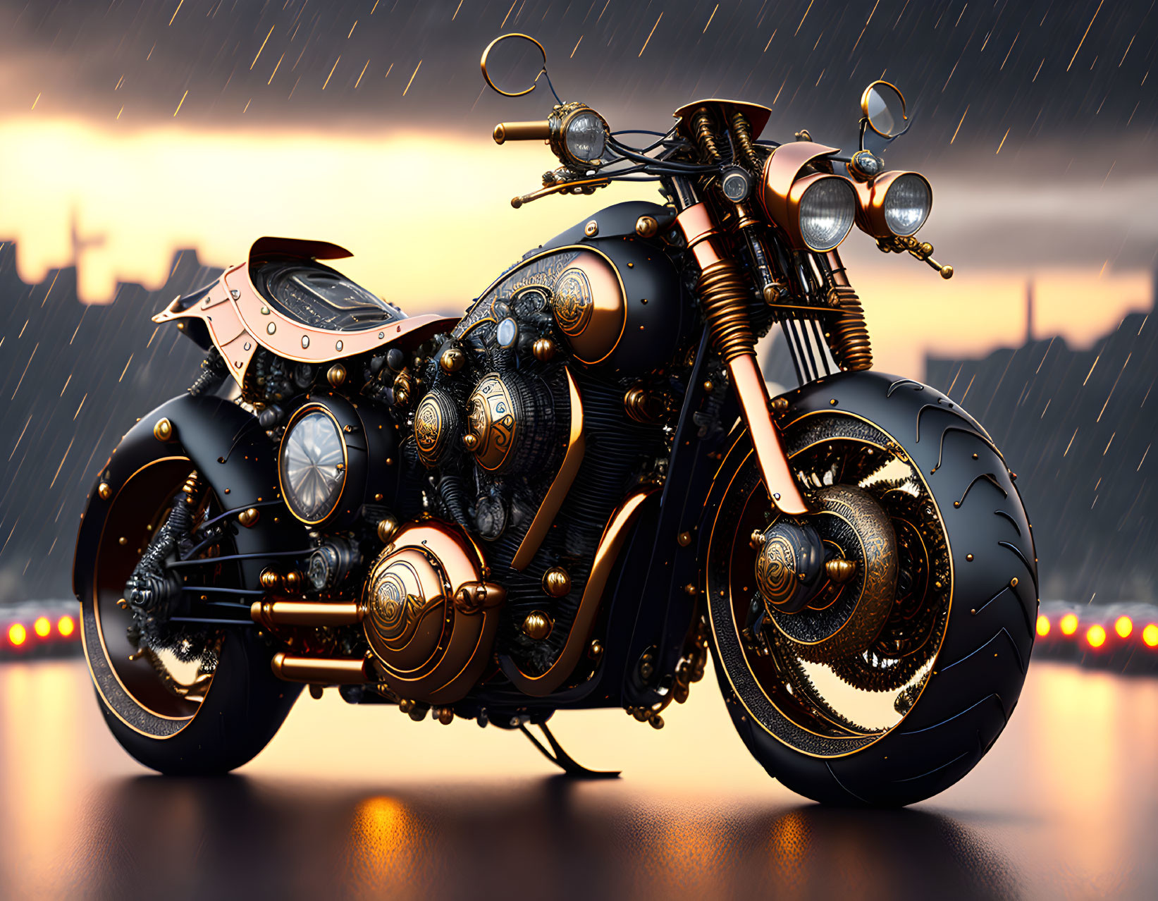 Steampunk-style motorcycle with intricate gears in rainy dusk