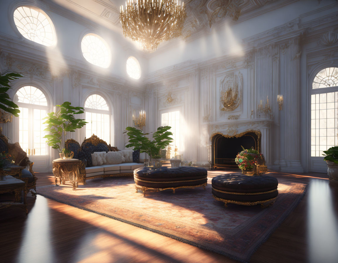 Luxurious room with sunlight, ornate furnishings, grand chandelier, and lush plants