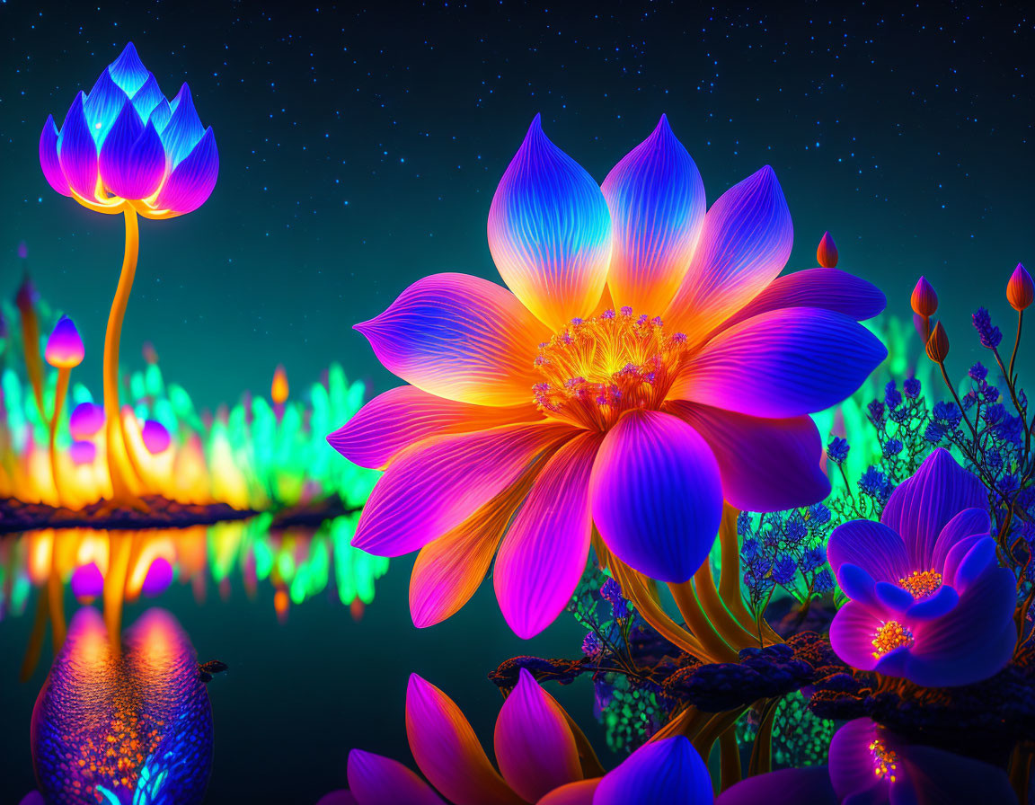 Neon-colored lotus flowers on serene water surface