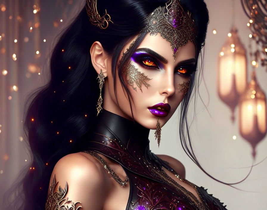 Fantasy illustration: Woman with elaborate makeup, ornate headgear, glittering tattoos