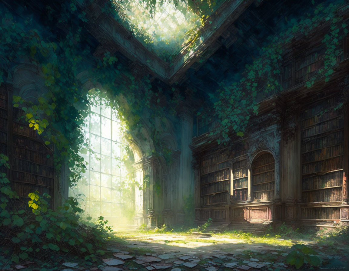 Sunlit overgrown library with foliage-covered roof and scattered debris