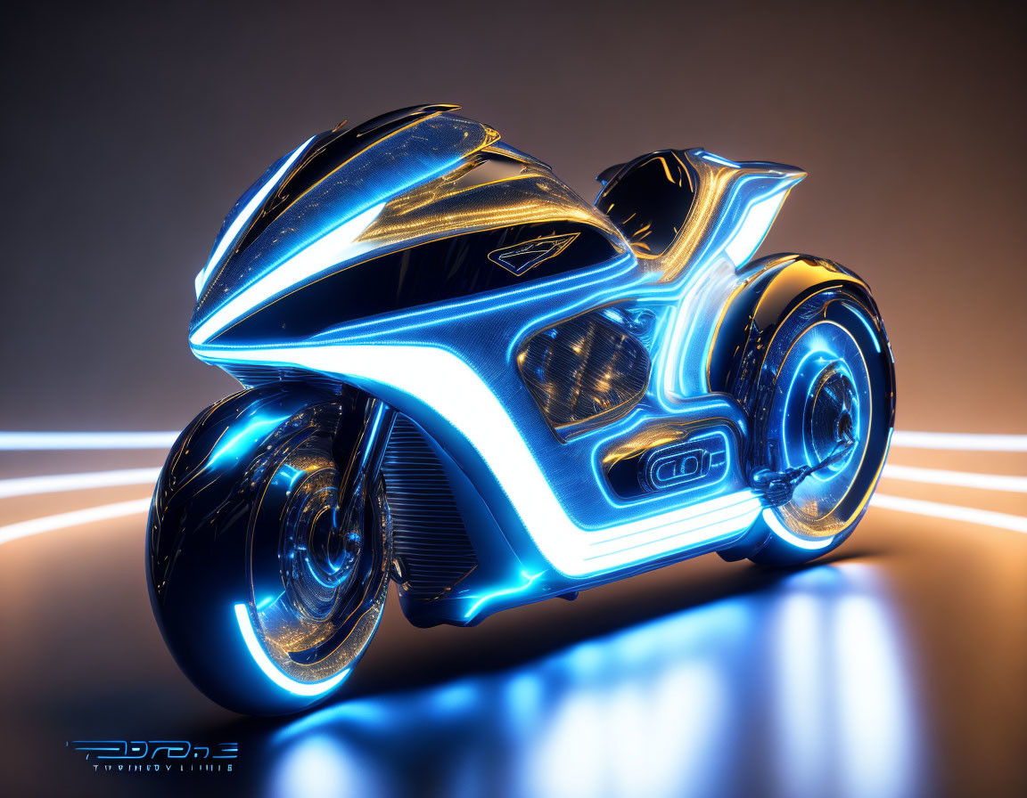 Blue Futuristic Motorcycle with Neon Lights in Studio Setting