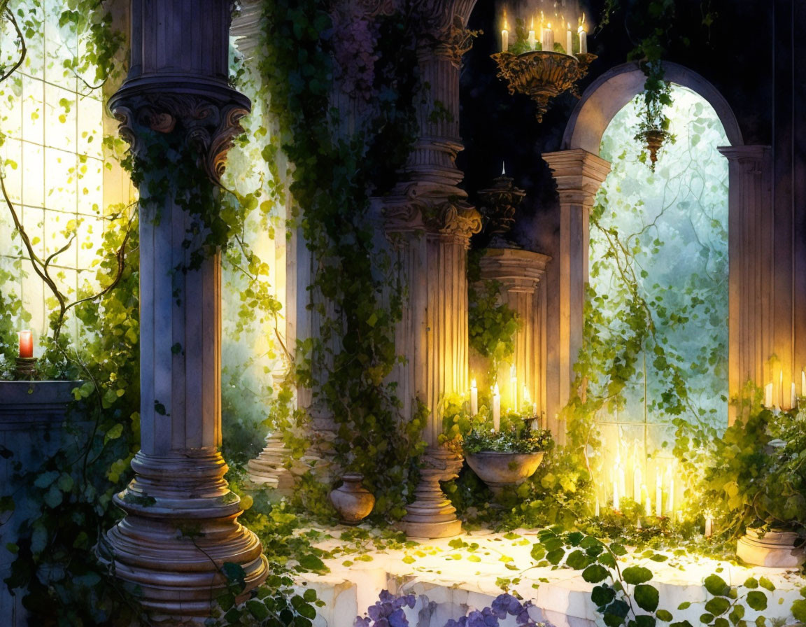 Indoor garden with overgrown ivy, candles, classical columns, and archway